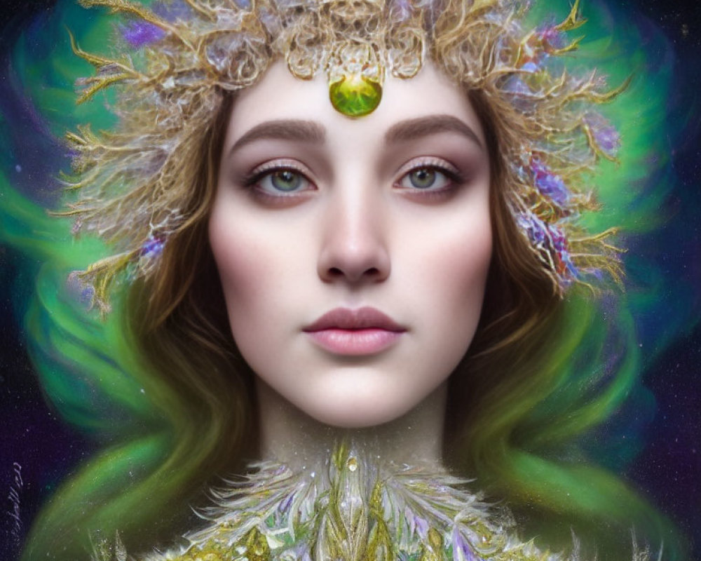 Fantasy portrait: Woman with green hair, golden crown, purple details, gem adornments