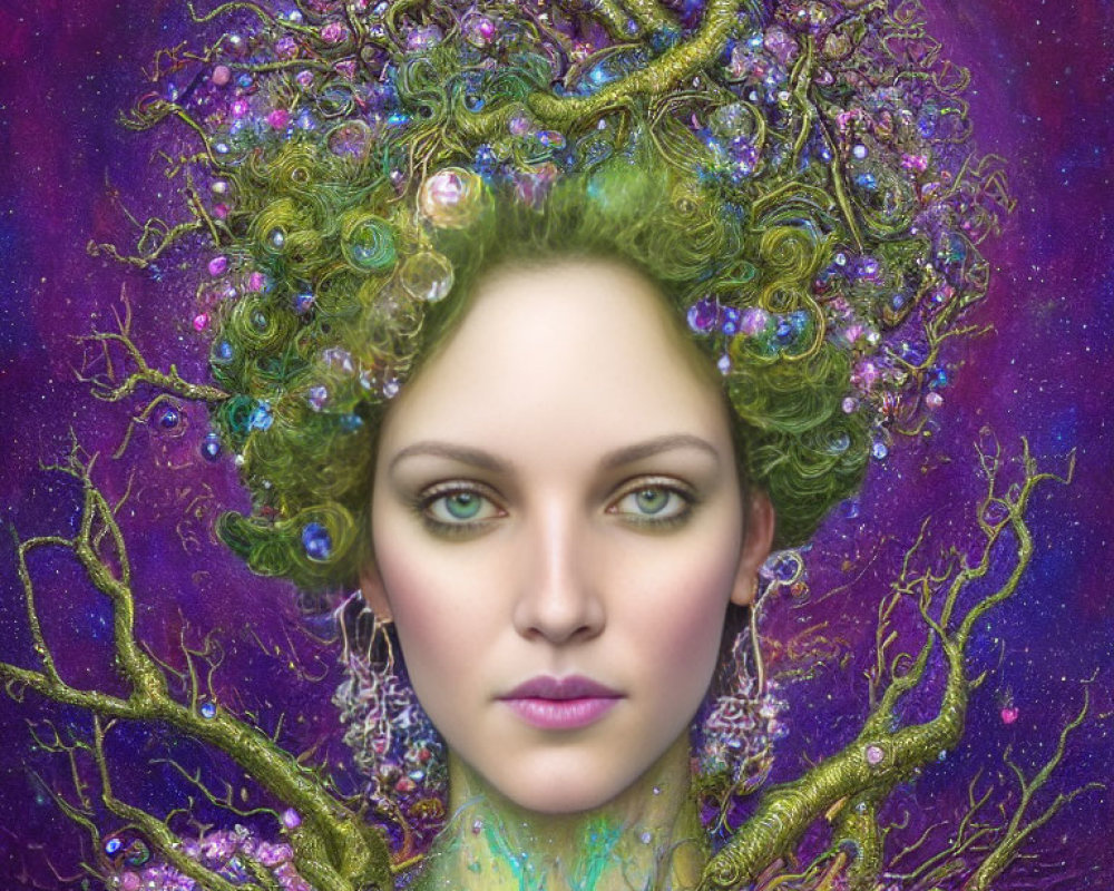 Intricate tree-like headdress with jewels and bubbles on woman against purple background