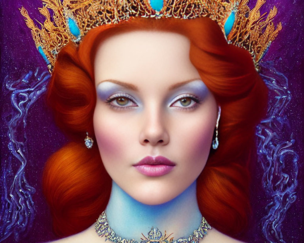 Digital artwork of a woman with fiery red hair, gold crown, and blue gemstone details