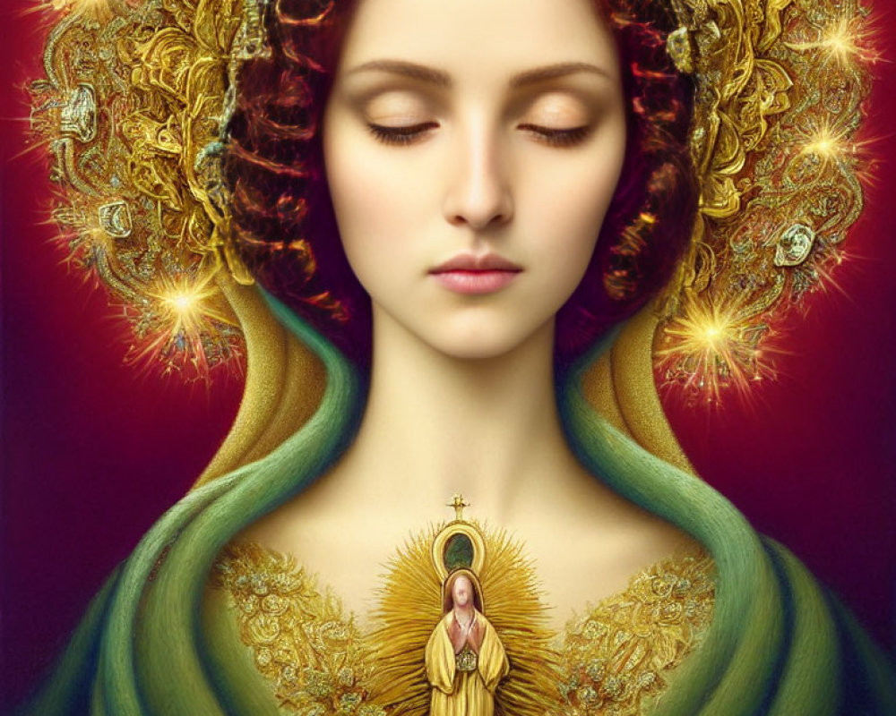 Serene female figure with ornate halo and cloak holding religious icon and rose on red background