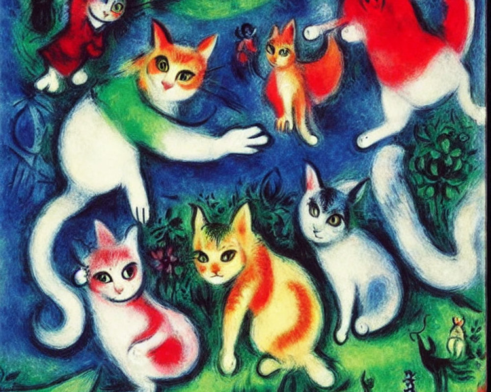 Whimsical painting of colorful cats in vibrant landscape