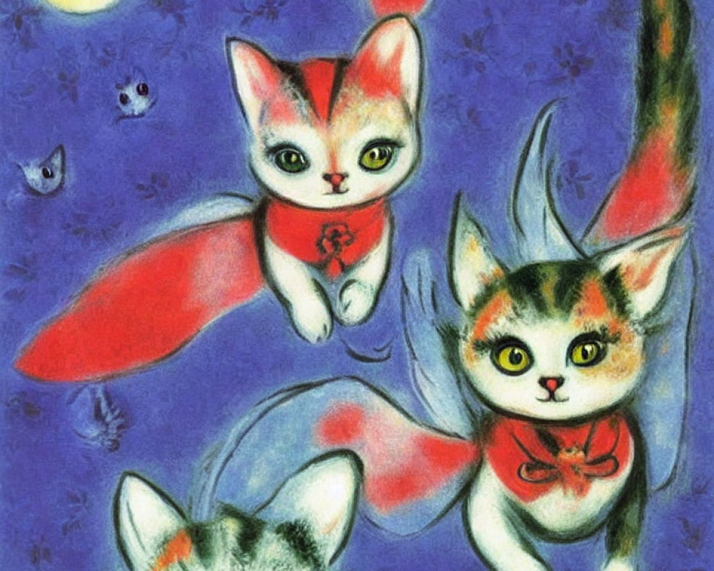 Whimsical colorful cats with red scarves on blue background