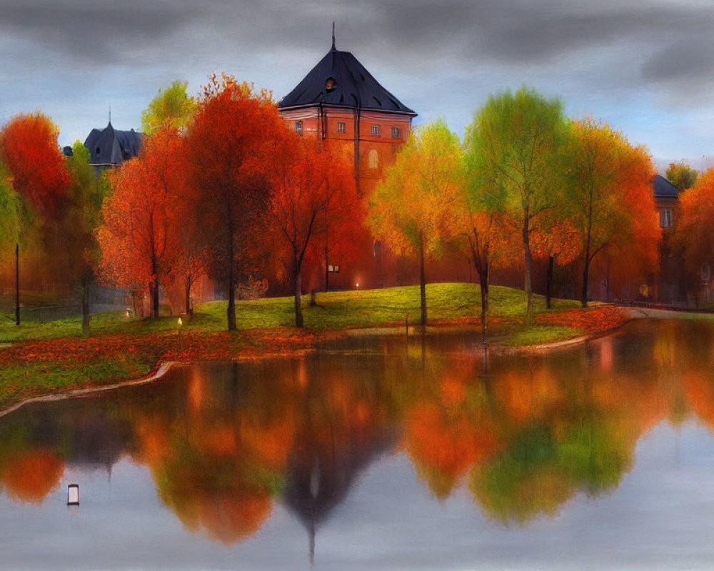 Autumn landscape with colorful trees, pond, and stately building