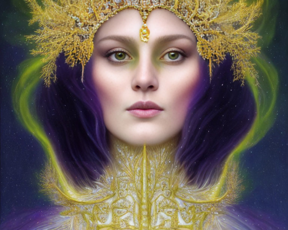 Portrait of a woman with green eyes and ornate yellow headpiece, high collar, and purple neb