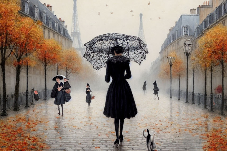 Parisian Street Scene: People with Umbrellas and Eiffel Tower in Background