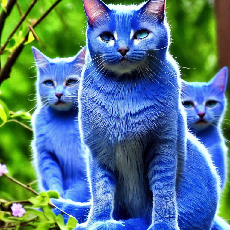 Three Blue Cats with Piercing Eyes Among Green Foliage