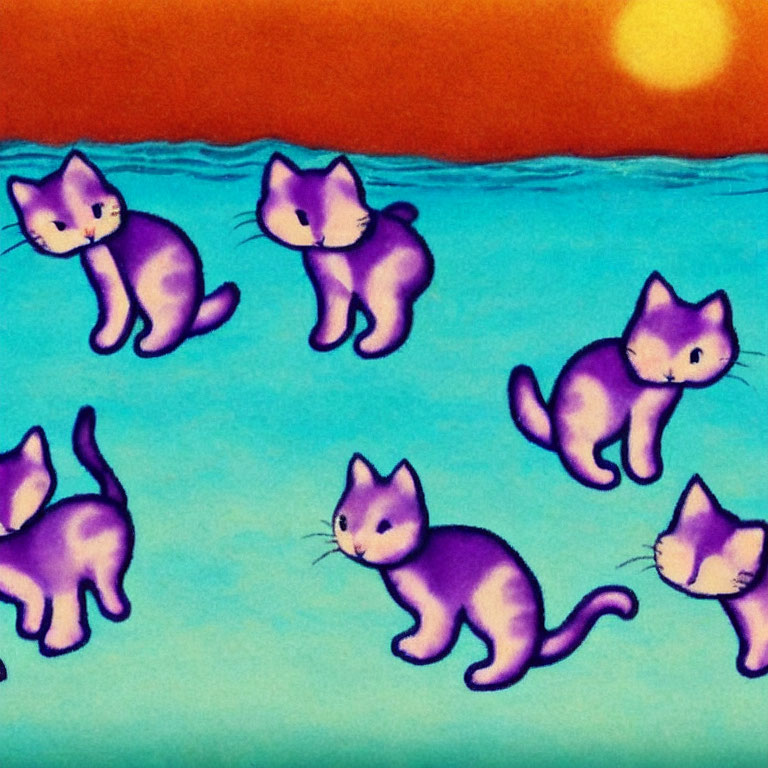 Multiple purple cats on orange and blue background with abstract sun representation