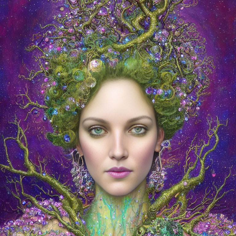 Intricate tree-like headdress with jewels and bubbles on woman against purple background