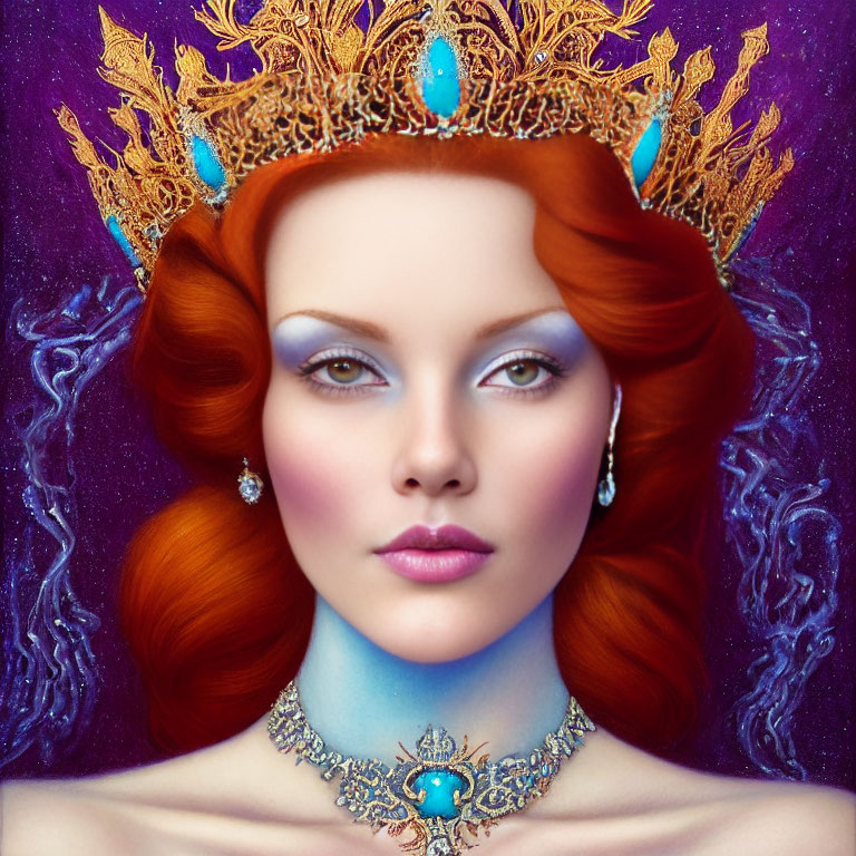 Digital artwork of a woman with fiery red hair, gold crown, and blue gemstone details