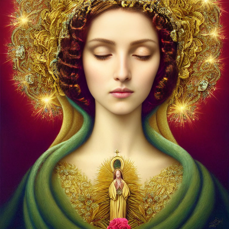 Serene female figure with ornate halo and cloak holding religious icon and rose on red background