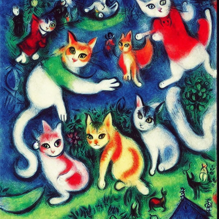 Whimsical painting of colorful cats in vibrant landscape