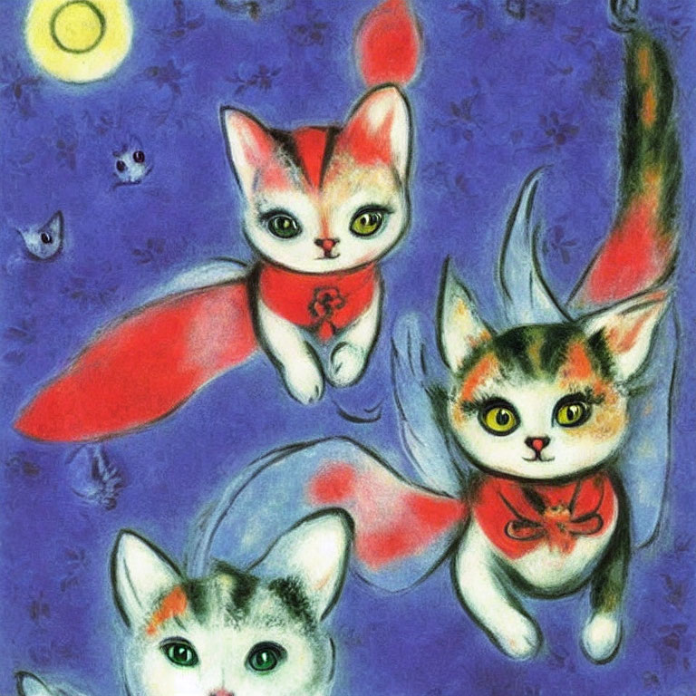 Whimsical colorful cats with red scarves on blue background