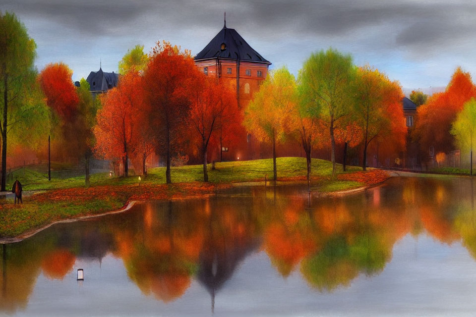 Autumn landscape with colorful trees, pond, and stately building