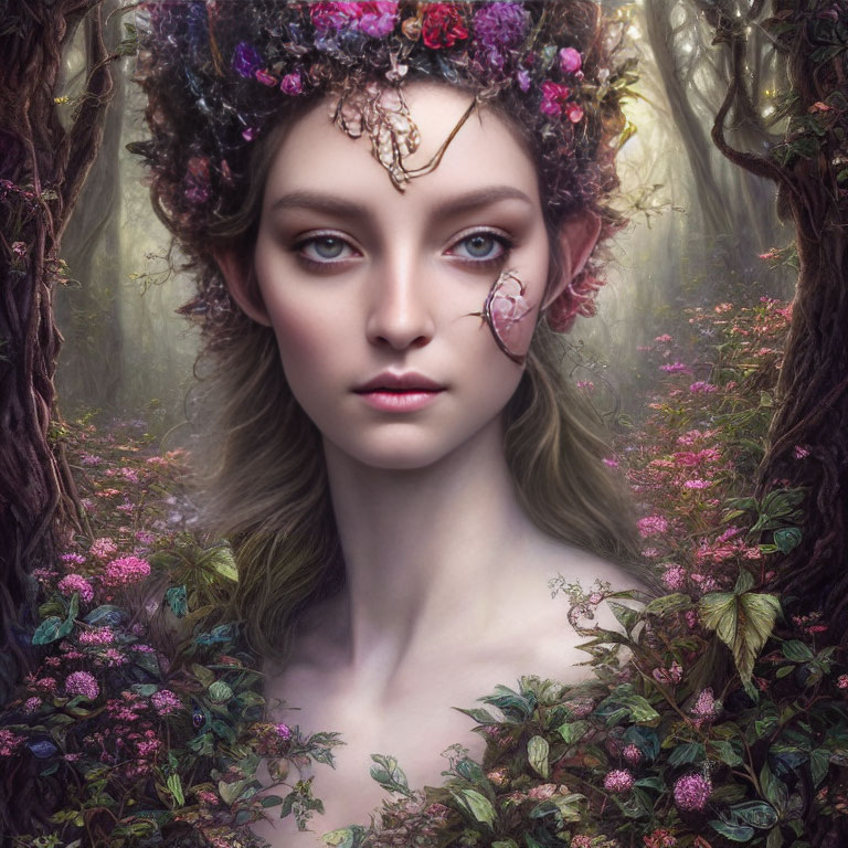 Mystical woman with floral crown in enchanted forest scene