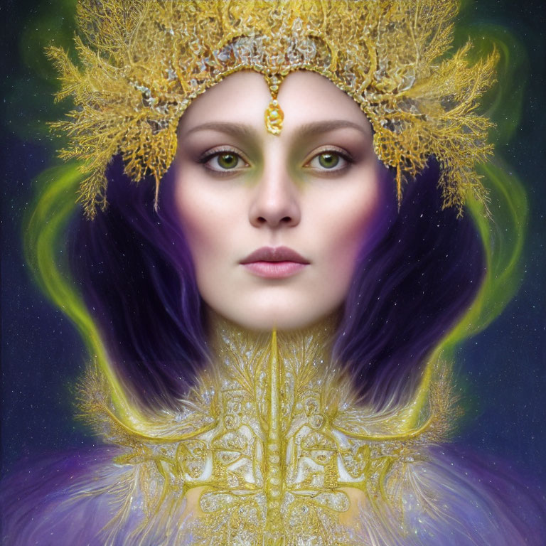 Portrait of a woman with green eyes and ornate yellow headpiece, high collar, and purple neb