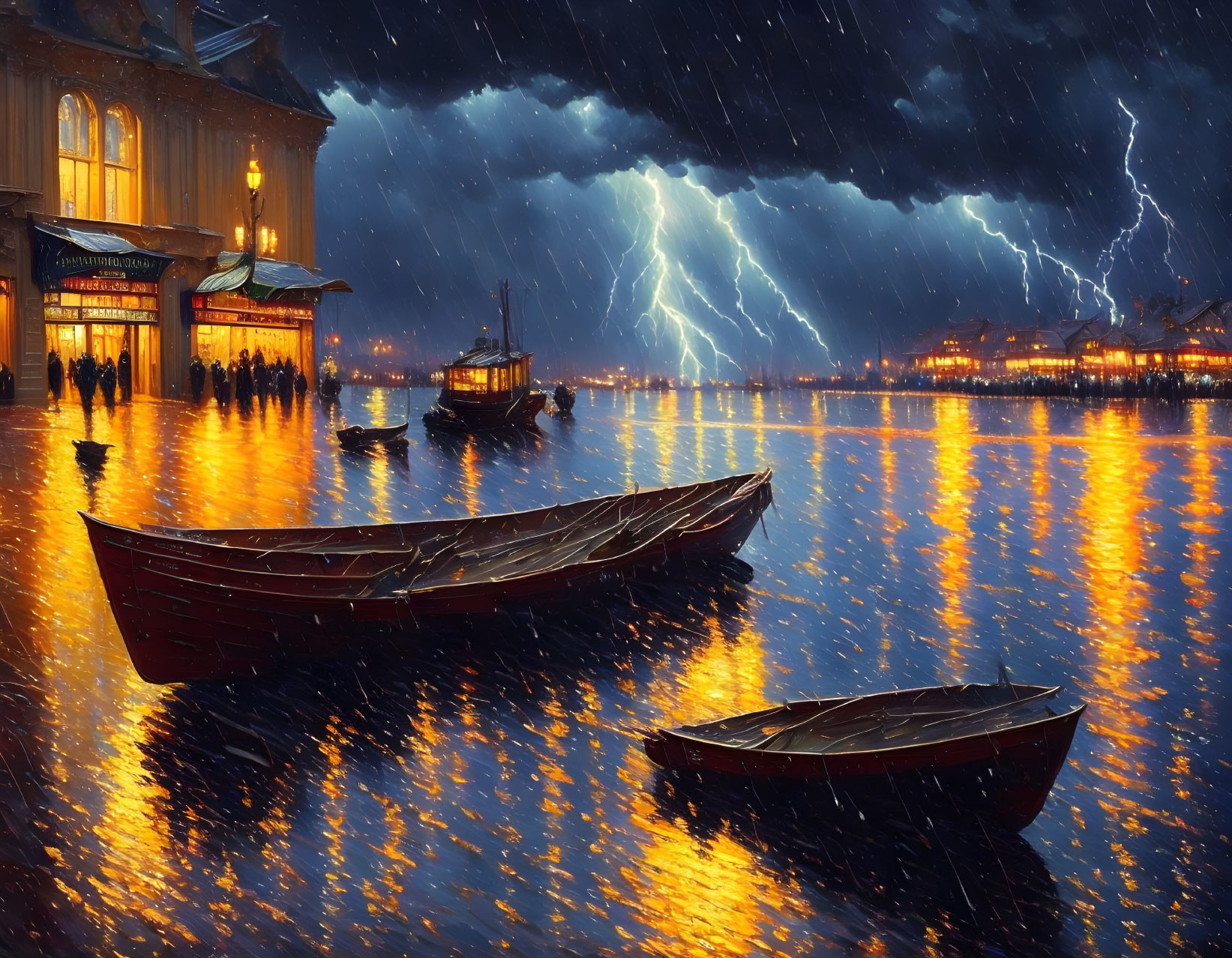 Dramatic night waterfront scene with lightning, boats, reflections, and lit building