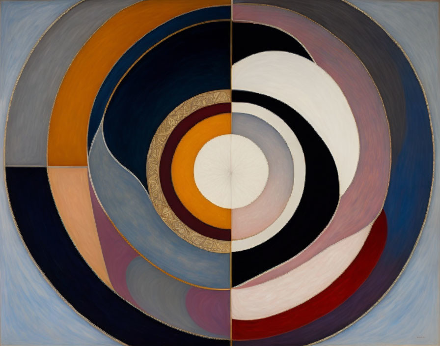 Symmetrical concentric circles in split composition with warm and cool tones