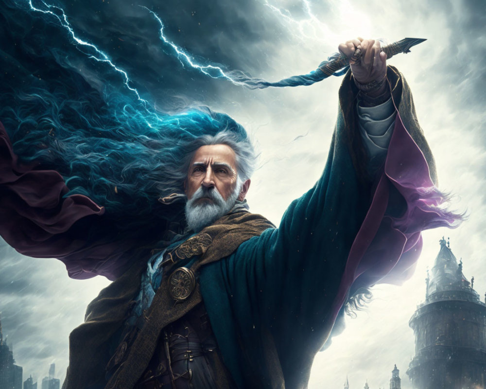 Majestic wizard with long beard and staff in stormy backdrop