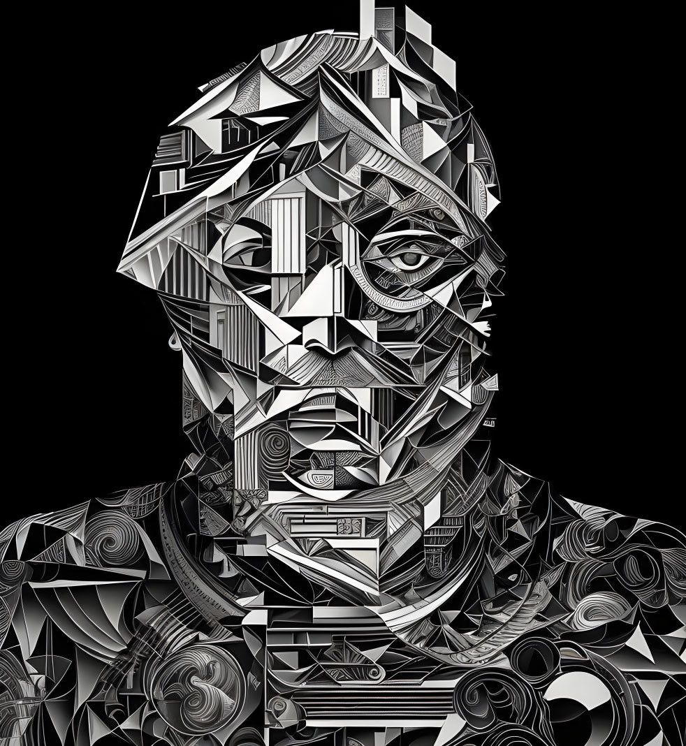 Abstract Geometric Digital Portrait with Monochrome Faceted Shapes