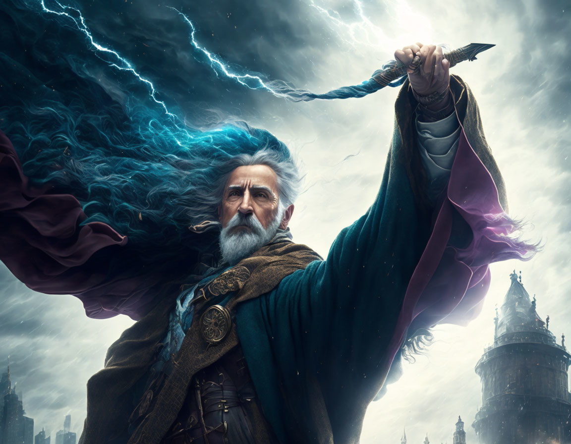 Majestic wizard with long beard and staff in stormy backdrop