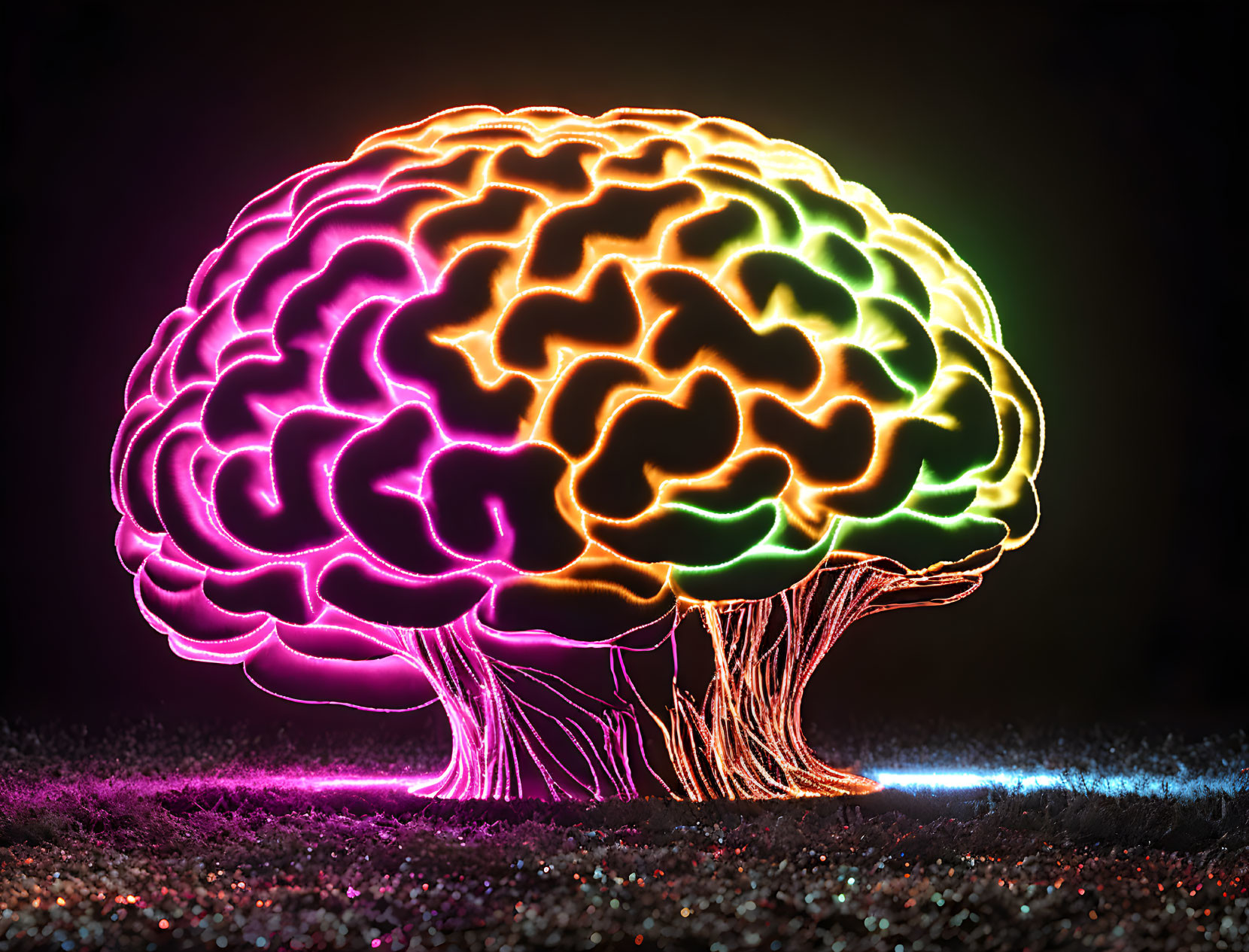 Neon-lit brain illustration with tree roots on dark background