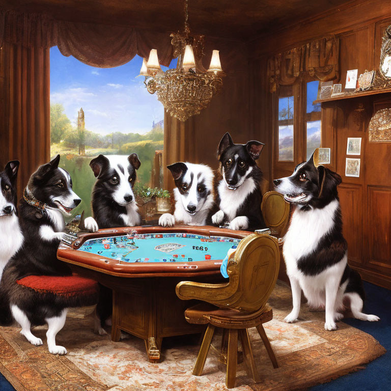 Five Dogs Playing Poker in Luxurious Room with Lush Landscape