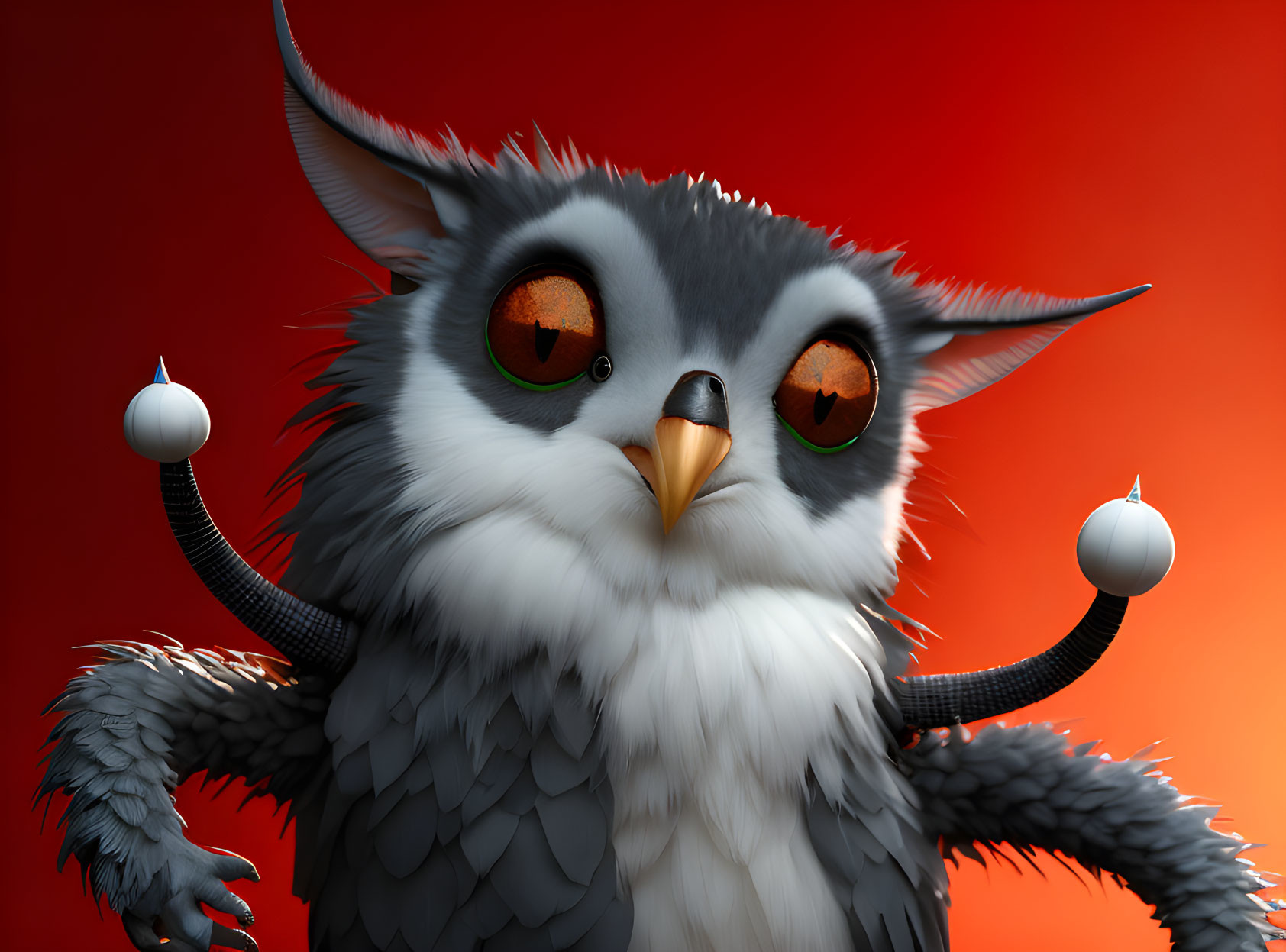 Cartoon owl 3D illustration with orange eyes and long horns