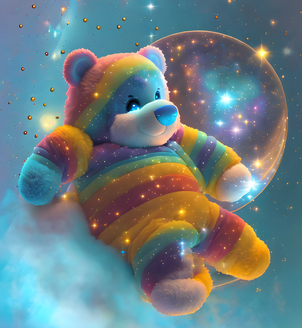 Colorful Teddy Bear in Space Bubble Surrounded by Stars