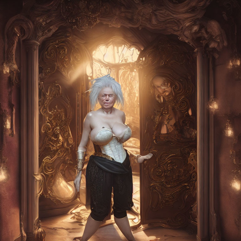 Fantasy character with white hair and golden armor in magical doorway