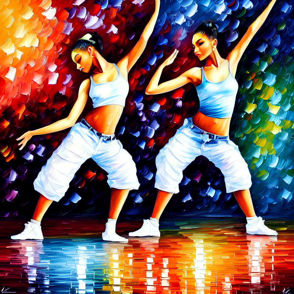 Abstract background with mirrored dancers and vibrant brushstrokes