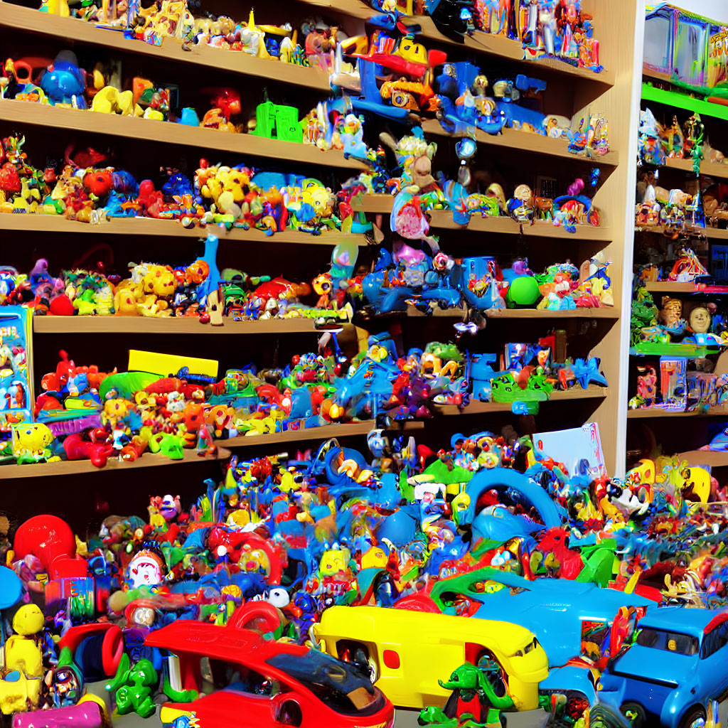 Vibrant Toy Collection Featuring Cars, Figurines, and Stuffed Animals