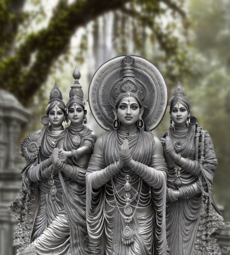 Monochrome image of three intricate Hindu deity statues with elaborate headgear and jewelry.