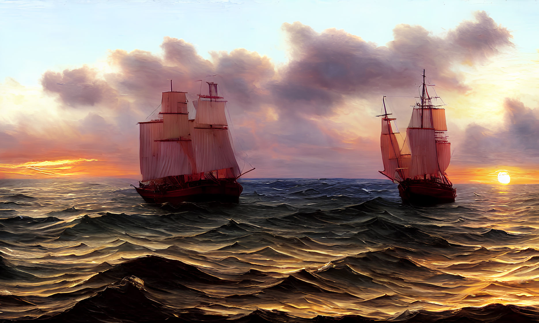 Tall ships sailing on choppy ocean at sunset with golden light and dramatic clouds