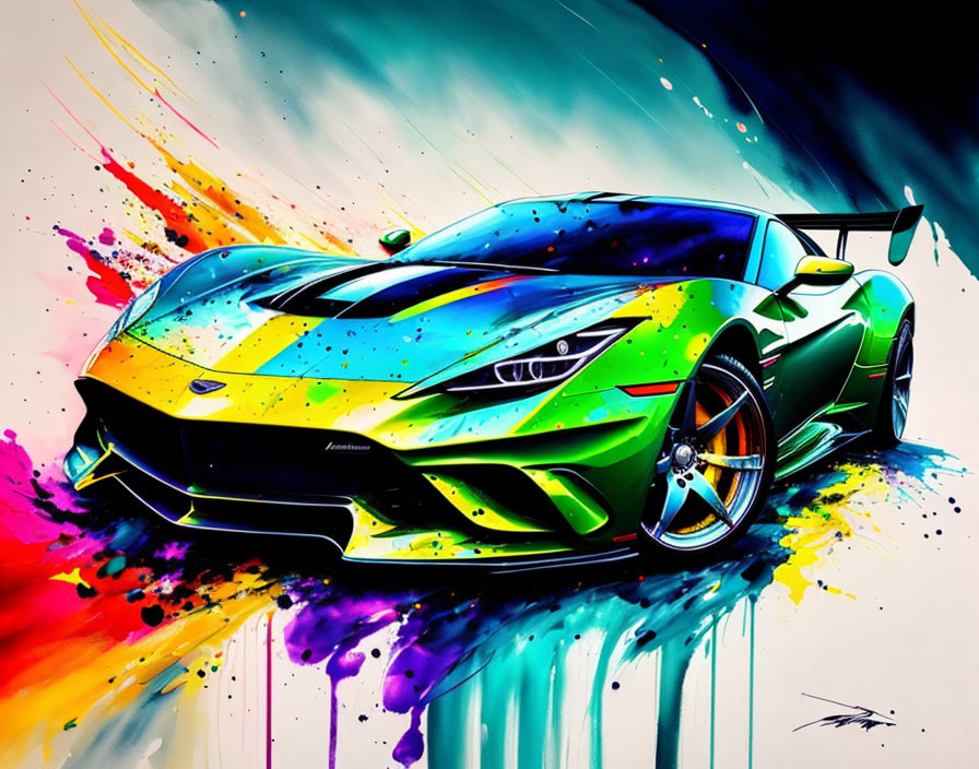 Multicolored sports car artwork with dynamic paint splashes.