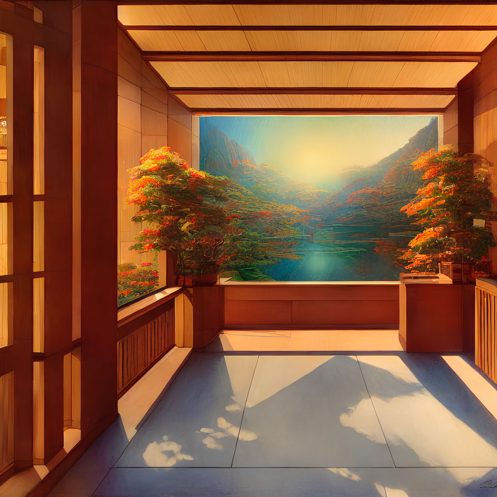 Traditional wooden balcony overlooking tranquil lake and mountains at sunrise or sunset