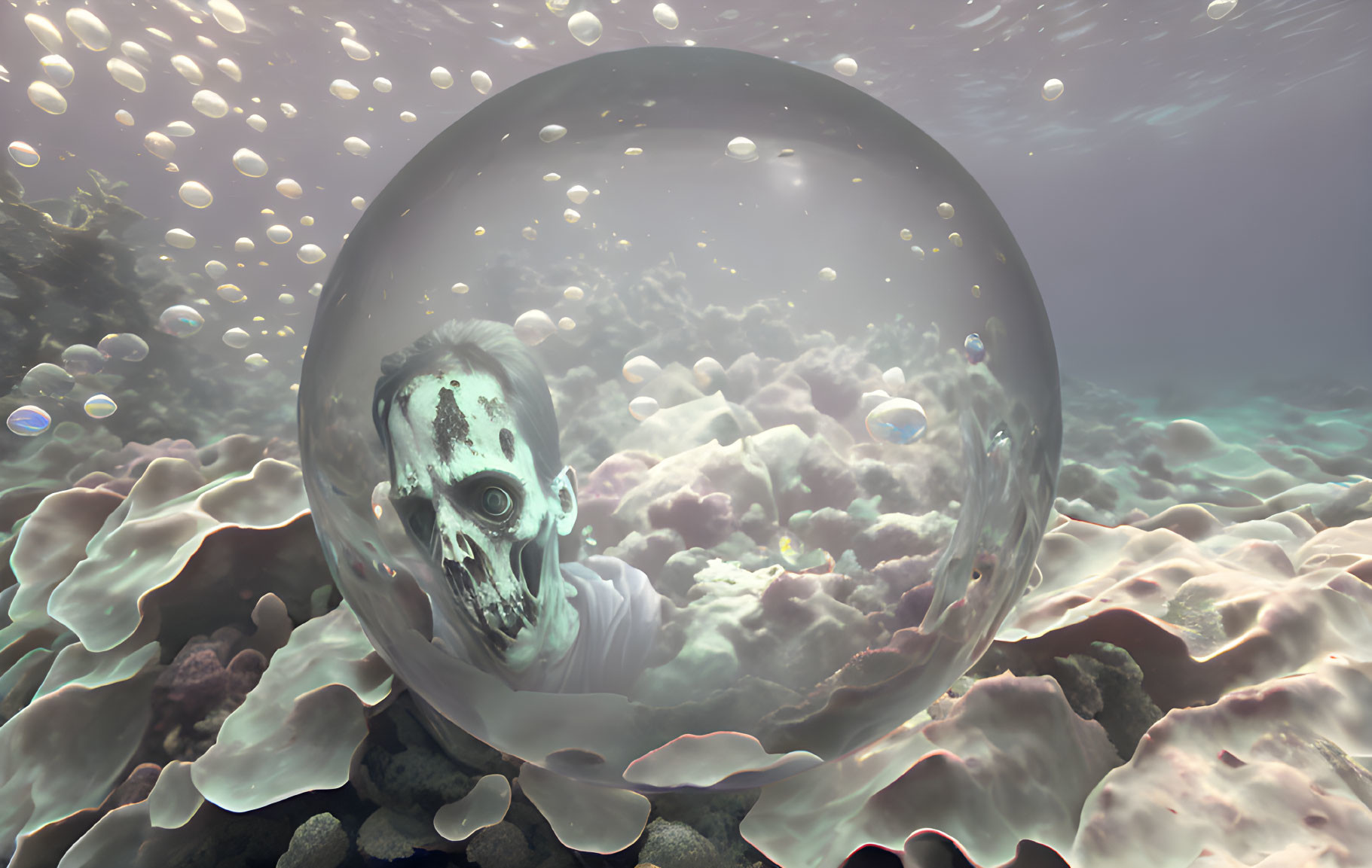 Surreal underwater scene with skull face in transparent bubble among coral and orbs