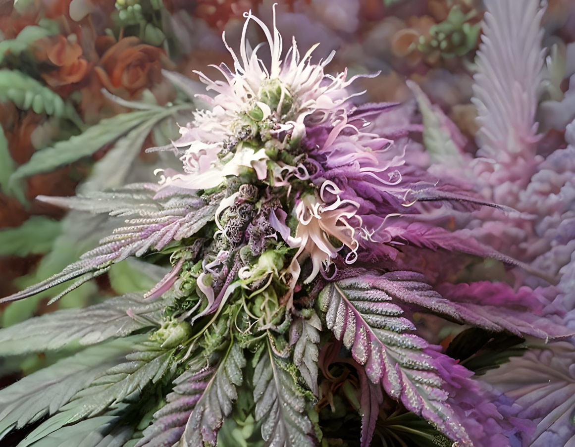 Detailed close-up of vibrant cannabis flower with white and purple leaves on soft-focused foliage