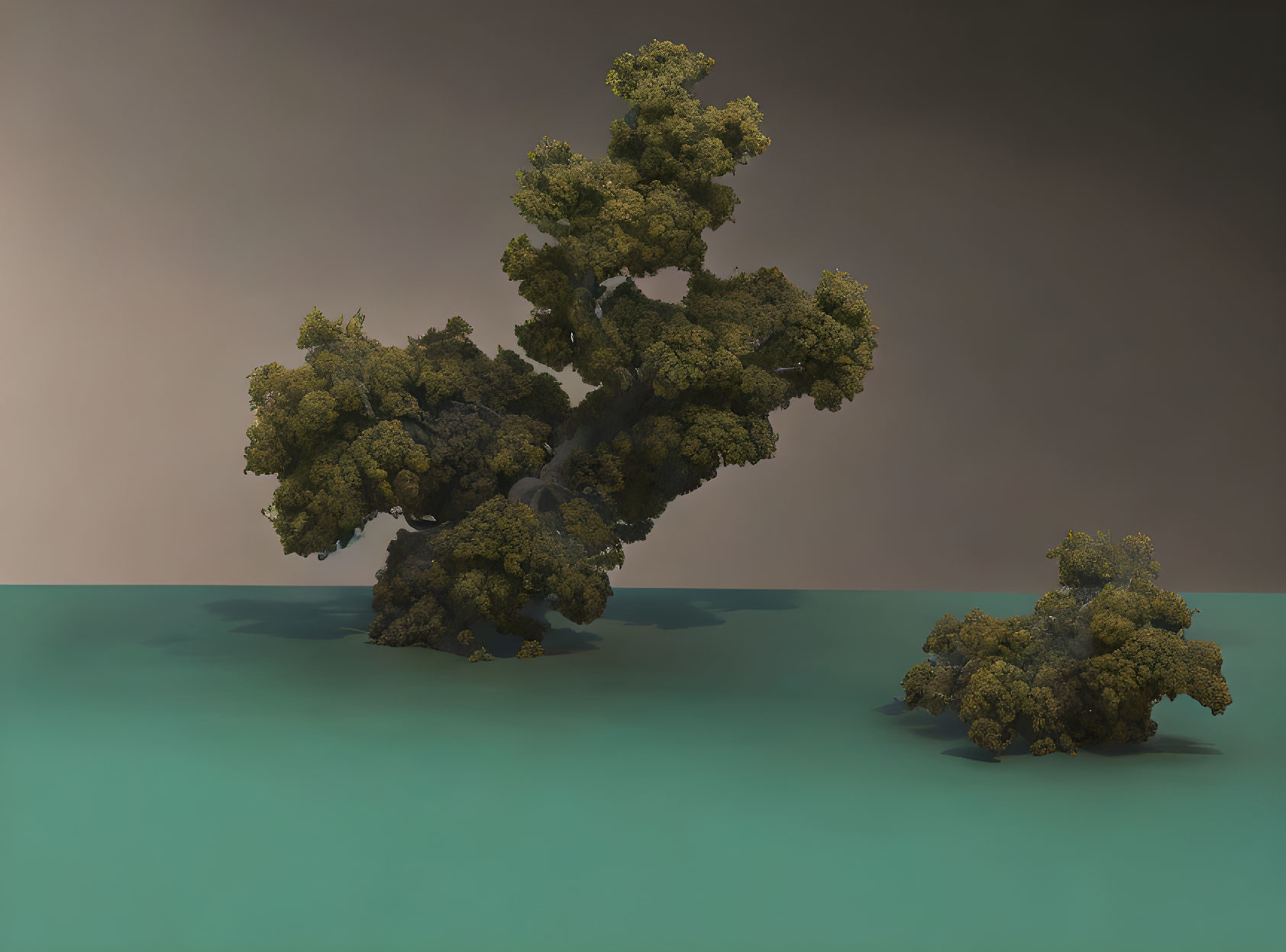 Fractal-generated image: Intricate tree-like structures on aqua surface