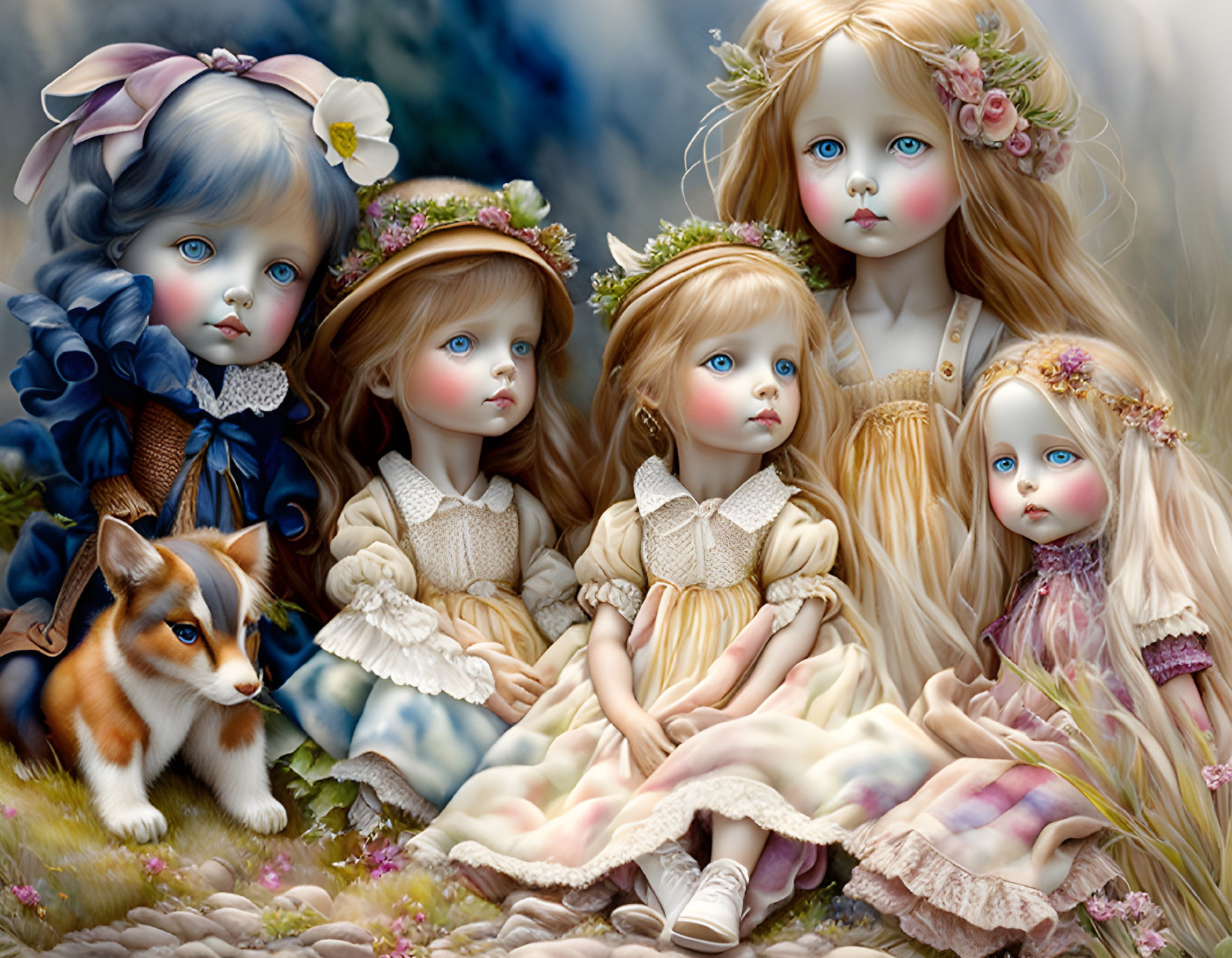 Four porcelain dolls with big eyes and floral wreaths beside a corgi dog in a dreamy