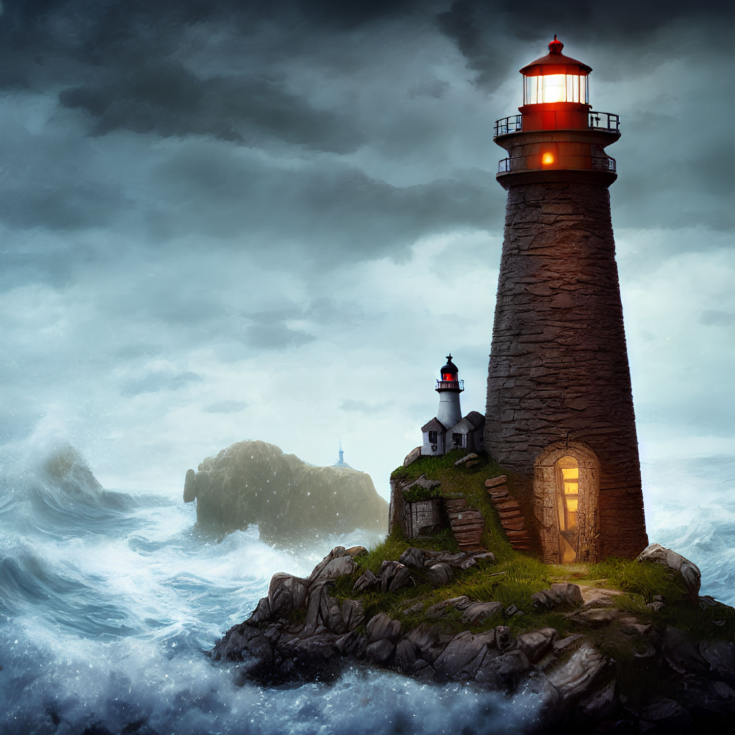 Majestic lighthouse on rocky cliff amid stormy sea waves