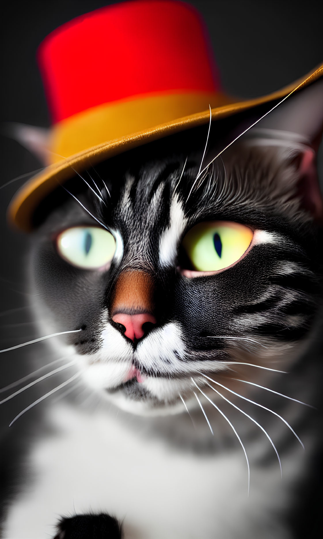 Close-Up of Cat with Striking Yellow Eyes and Red-Orange Top Hat