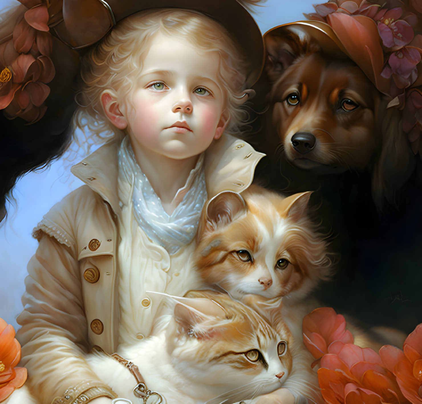Child with Blonde Hair Holding Cats Beside Dog and Flowers