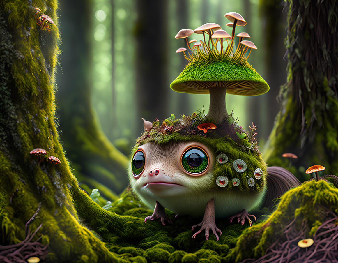 Whimsical frog with mushroom cap in fantasy forest