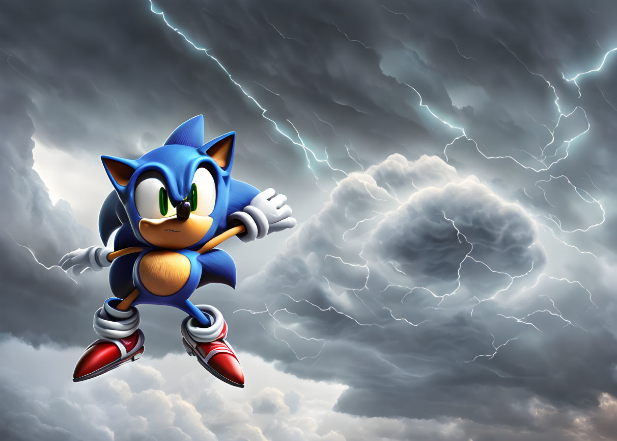 Sonic the Hedgehog 3D illustration leaping in stormy background