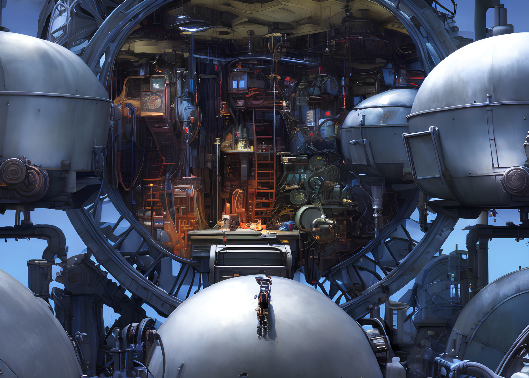 Futuristic interior with spherical modules and lone figure amid high-tech setting