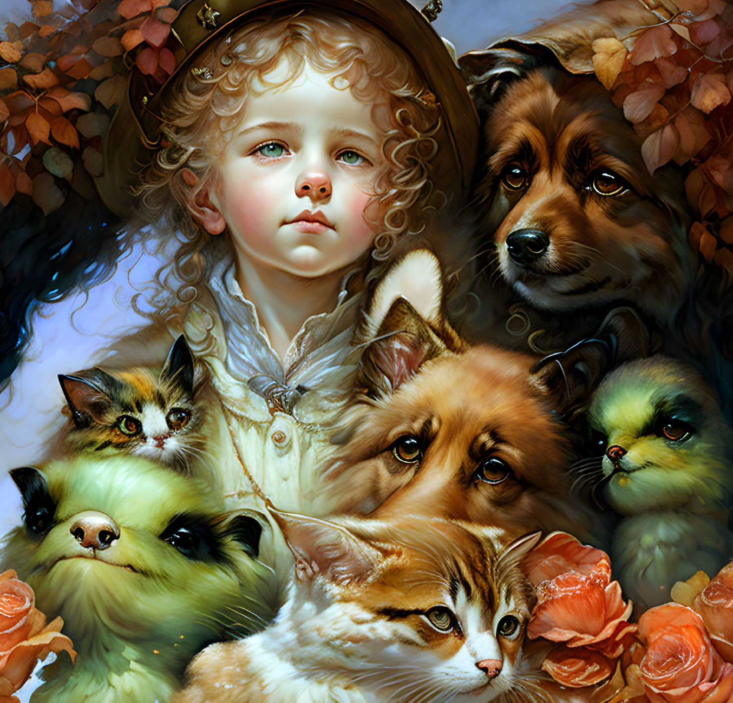 Child with angelic features surrounded by affectionate animals and flowers