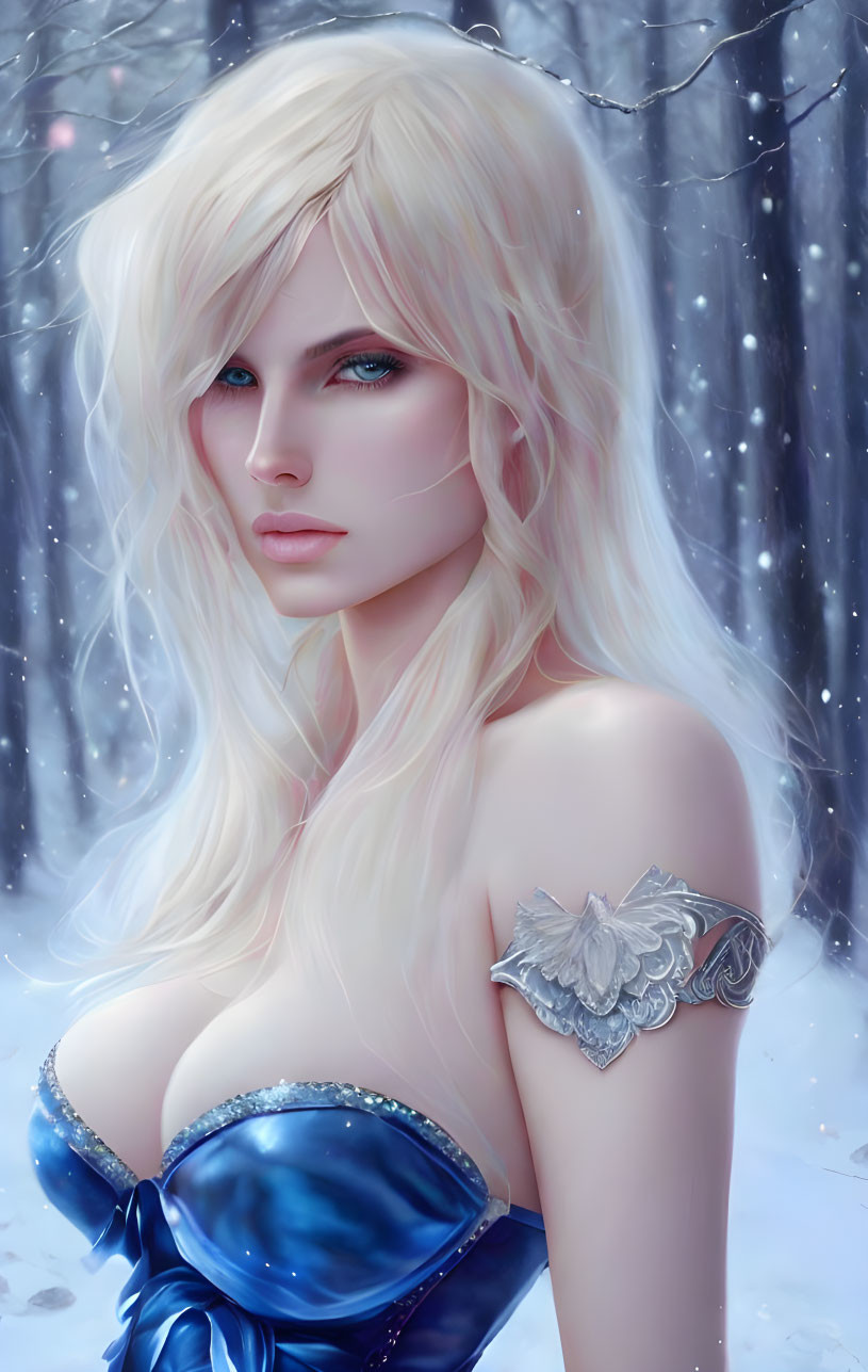 Digital artwork featuring woman with platinum blonde hair and blue eyes in blue dress in snowy scene