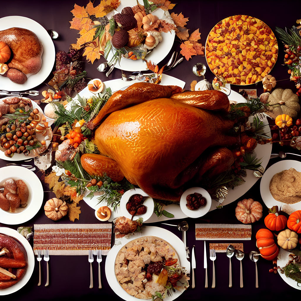 Thanksgiving Dinner Table with Roasted Turkey Centerpiece and Elegant Tableware