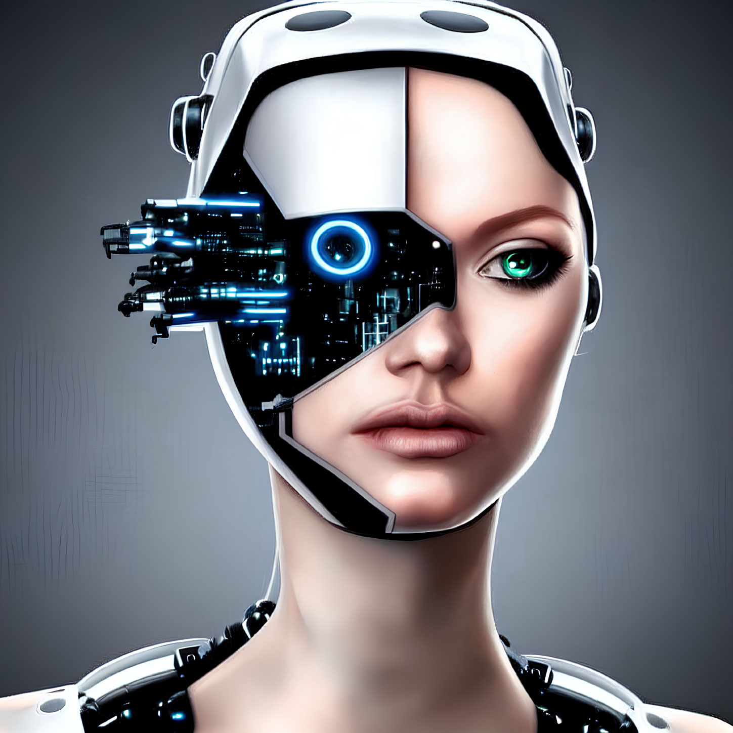 Female humanoid robot with cybernetic half-face and glowing blue eye.