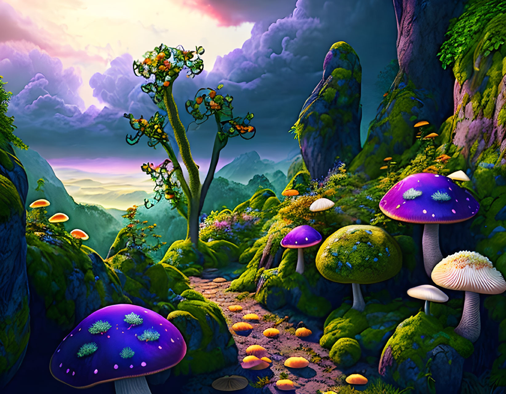 Fantasy forest scene with glowing mushrooms and twilight backdrop